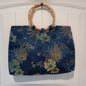 Vintage-Style Satin Brocade Tote with Bamboo Ring Handles